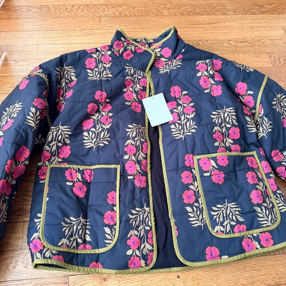 ANTHROPOLOGIE Quilted Floral Jacket in Black with Pink Flowers - Picture 2 of 5